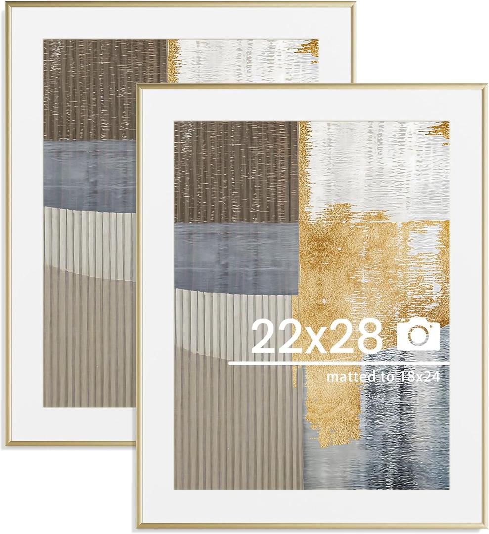 22x28 inch Metal Poster Frame - 22 x 28 Thin Aluminum Picture Frames Matted for 18x24 Photos, Artworks, Prints, Puzzle - High Definition Plexiglass - Vertical and Horizontal Display - Wall Hook Hanging Hardware Included - Gold, Set of 2 22x28 inch Metal Poster Frame - 22 x 28 Thin Aluminum Picture Frames Matted for 18x24 Photos, Artworks, Prints, Puzzle - High Definition Plexiglass - Vertical and Horizontal Display - Wall Hook Hanging Hardware Included - Gold, Set of 2