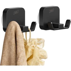 TAILI Patented Strong Suction Cup Hook, 304 Stainless Steel Bathroom Suction Cup Holder for Towel, Loofah, Bathrobe, Damage-Free Hanging Shower Wall Hook, Double-Hook Widening Design, 2 Pack, Black