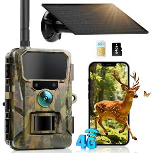 CEYOMUR Trail Camera with 64GB TF Card, 4G LTE Cellular Trail Camera with 5200mAh Battery, 2K HD Live Streaming, Solar Game Cameras with Night Vision Motion Activated Waterproof IP66
