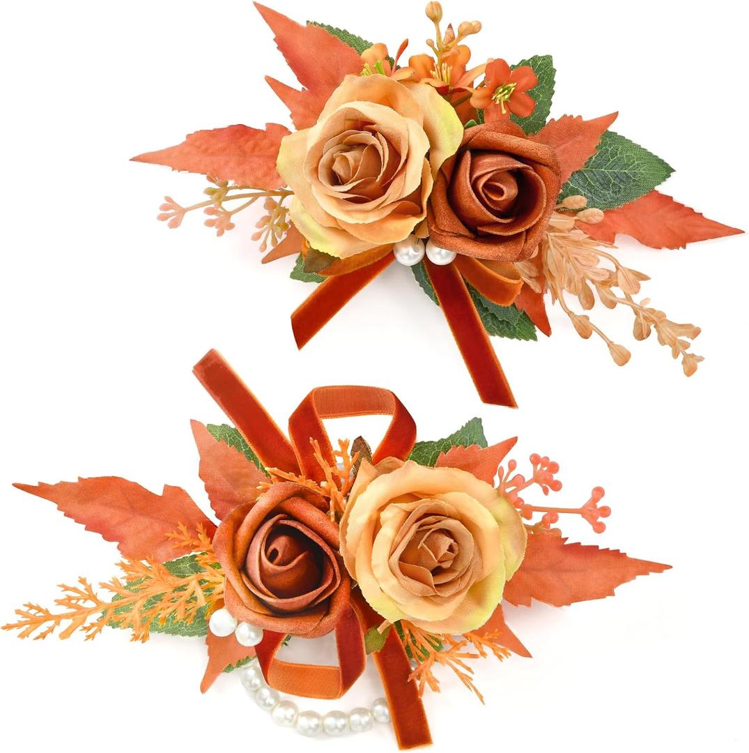 Serwalin 2 Pcs Wrist Corsage and Boutonniere Set, 6-7 Inch Orange Corsage for Wedding, Boutonniere for Men Corsage Wristlet Prom Ceremony Anniversary Accessories Suit