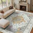 Area Rugs 9'x12' Washable Non-Slip, Floral Vintage Distress Print Pattern Medallion Carpet for Living Room Bedroom Dining Room, Light Yellow Carbon Grey Orange