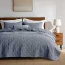 WDCOZY Blue Grey 100% Cotton Quilt Bedding Sets Queen Size with 2 Pillow Shams, Shabby Chic Rustic Textured Gauze Lightweight Country Soft Bedspread Coverlet for All Season, 3 Pieces, 90x96 inches