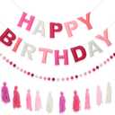 Pre-Strung Happy Birthday Banner Felt Ball Garland Banner Sign for Pink Birthday Party Decorations Mermaid Party Decor