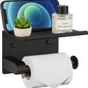 Black Toilet Paper Holder with Shelf - Rustproof Stainless Steel Wall Mount or Self Adhesive Bathroom Tissue Roll Holder - Fits Mega Rolls, for Bathroom, Washroom, Kitchen & RV Decor