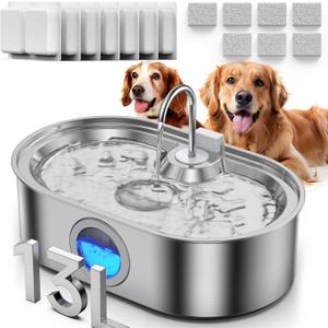 3.4Gal Dog Water Fountain for Large Dogs, 13L Stainless Steel Large Pet Fountain with Deeper & Wider Drinking Area, Automatic Dog Water Bowl Dispenser with Water Window (with 7 Filters) (Silver)