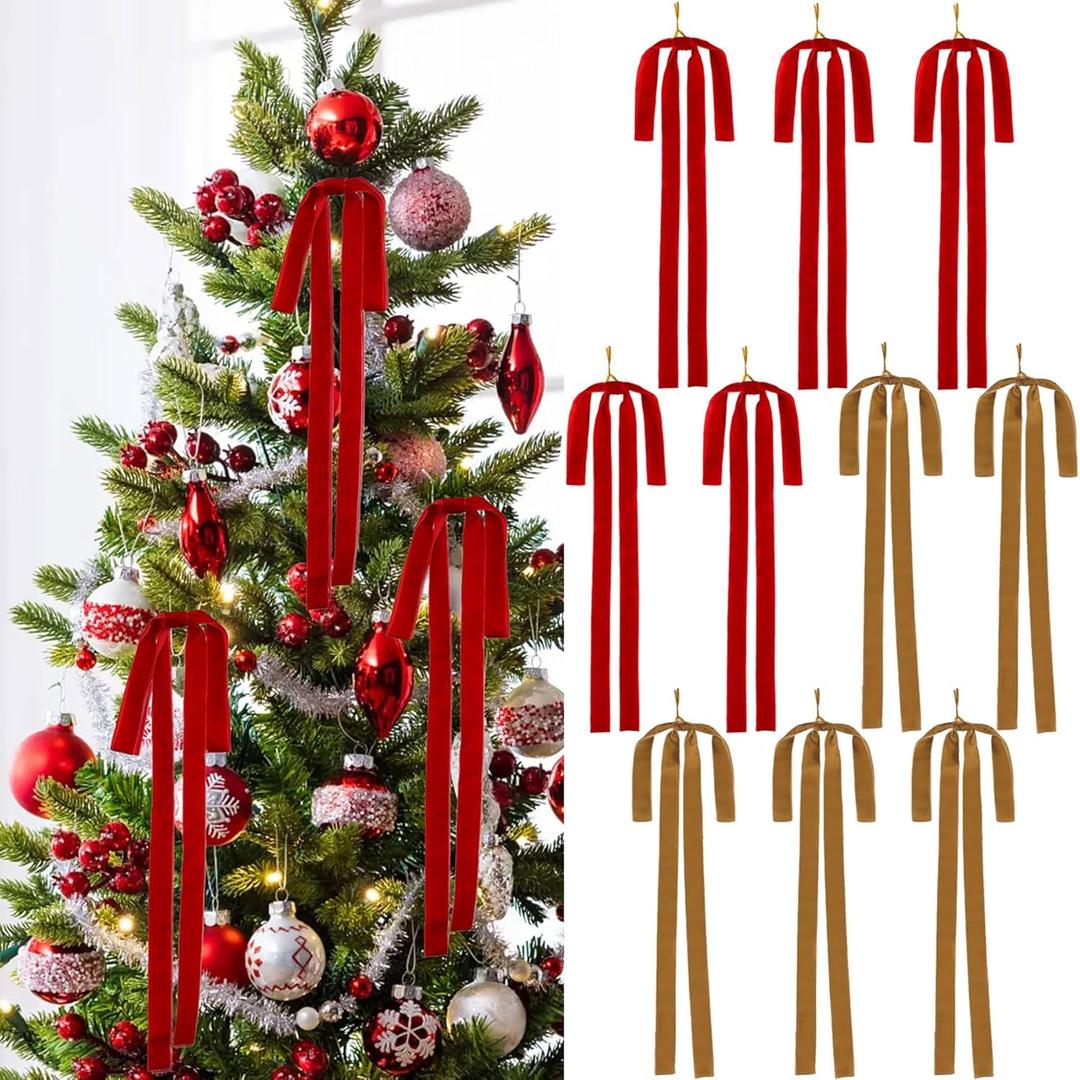 10PK Red Brown Velvet Bows Ornaments for Christmas, Long Velvet Ribbon Bow for Tree Swag Staircase Wreath Garland Fireplace, Great Holiday Decor, 23.5x15.7 Inch