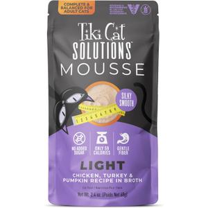 Tiki Cat Solutions Light Mousse, Chicken, Turkey & Pumpkin, Formulated to Support Healthy Trim and Fit, Functional Wet Cat for Adult Cats, 2.4 oz. Pouch (12 Count) (EXP 06/02/27)