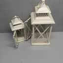 Lanterns Decorative Outdoor&Indoor, Set of 2 (14"&10") Beige Metal Lantern Decor with Glass, Candle Holder for Porch, Patio, Garden, Balcony, Wedding, Table Centerpiece