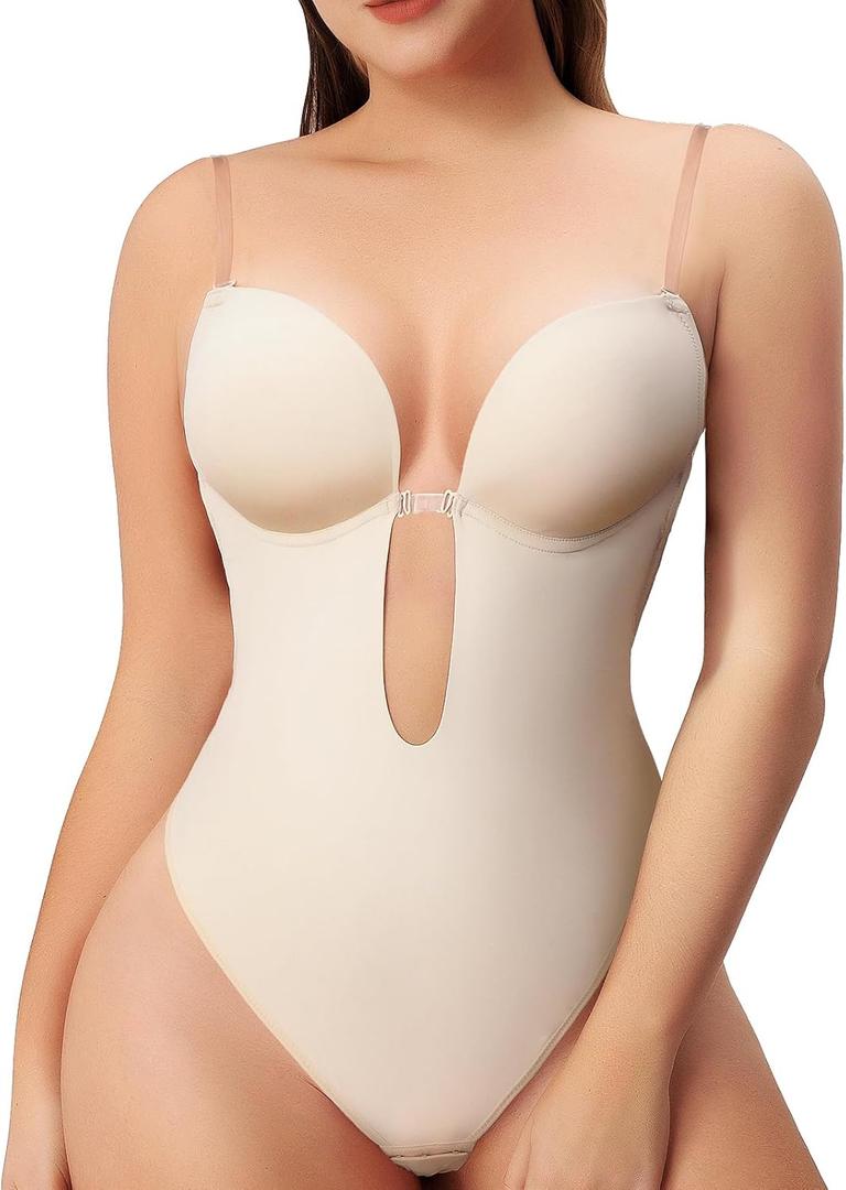 Women Shapewear Backless Body Bra Shaper Womens Plus Size Plunge Invishaper Low Back Thong Bodysuits Open Crotch Daily Use (Large, Beige)