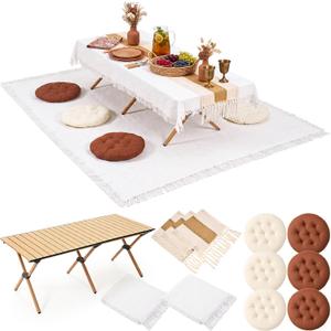 Geetery 10 Pcs Picnic Set, 59" x 20" Folding Low Picnic Table with 91'' x 71'' Large Outdoor Boho Picnics Blanket, Tablecover Runner and 6 Pillows Cushions for Camping Wedding Beach (Round,Brown)