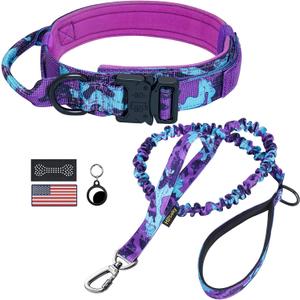 Hotsky Tactical Dog Collar and Leash Set, Heavy Duty Military Airtag Dog Collar with Handle and Metal Buckle for Training and Walking, with Airtag Holder and Two Patches (Purple Camo, L) (L(17"-20.5"))
