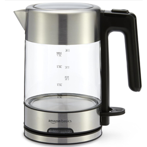 Basics Electric Kettle with Glass Carafe for Tea and Coffee, BPAFree, Fast Boiling, Auto ShutOff, 1.1 Quarts, 1500W, Glass and Steel