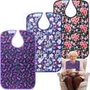 Adult Bibs - 3 Pcs Washable Clothing Protector with Crumb Catcher, Adult Bibs for Elderly Women Eating Washable Flower