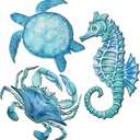 Tatuo 3 Pcs Summer Coastal Wall Decor Bathroom Beach Blue Wall Art Sea Turtle Surfboard Seahorse Starfish Seashell Conches Crabs Sea Life Decor for Bedroom Home (Ocean Style)