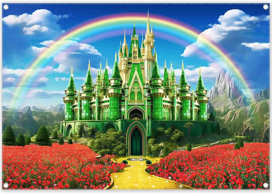 7x5ft Polyester Green Castle Backdrop Yellow Brick Road Rainbow Sky Photography Background Floral Banner Party Decorations Photo Props