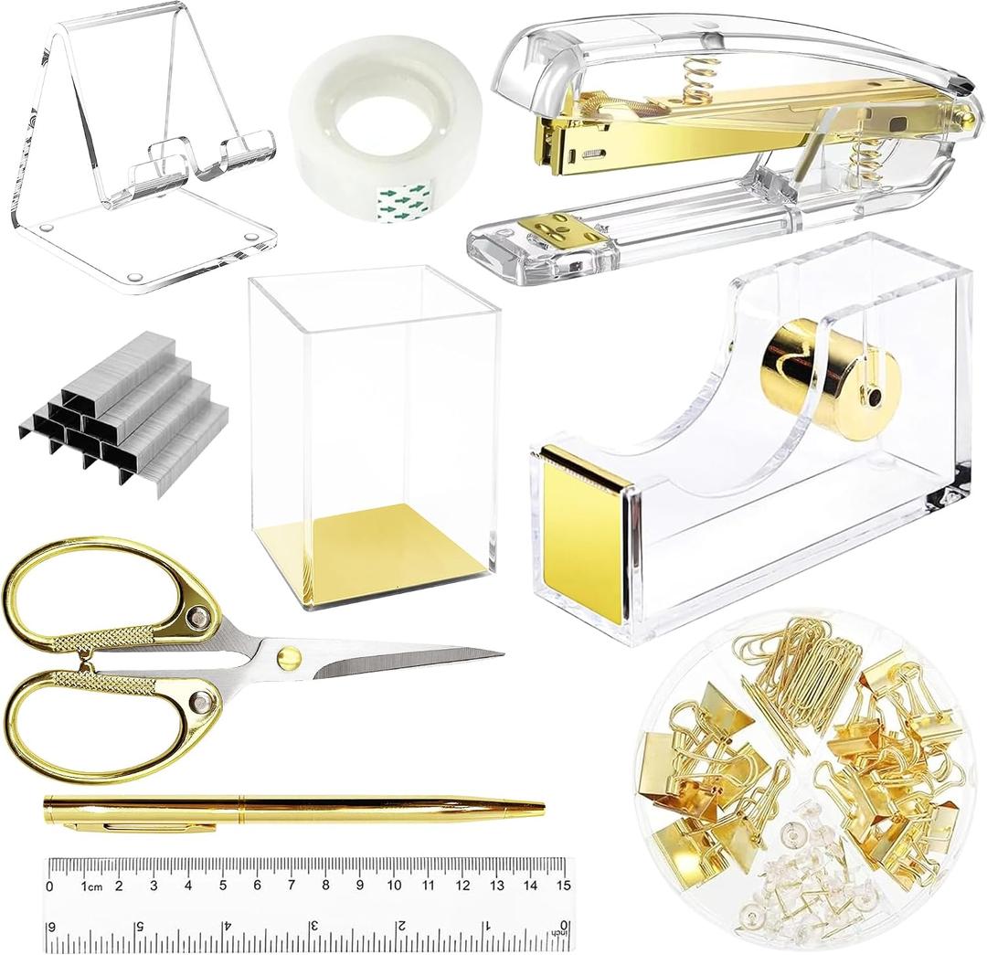 DRQ Gold Desk Accessories, Office Supplies Acrylic Stapler Set, 10Pcs Set for Office with Stapler, Tape Dispenser, Pens, Pen Holder, Phone Holder, Tape, Ruler, 1 Box Staple, Scissors and 1 Box of Clip