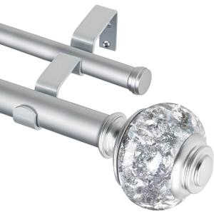 1 Inch Double Curtain Rods 36 to 72 Inches (3 to 6 ft), USFOOK Single Drapery Rods for Windows 24 to 68 Inches, Telescoping Dual Curtain Rod with Silver Translucent Finials