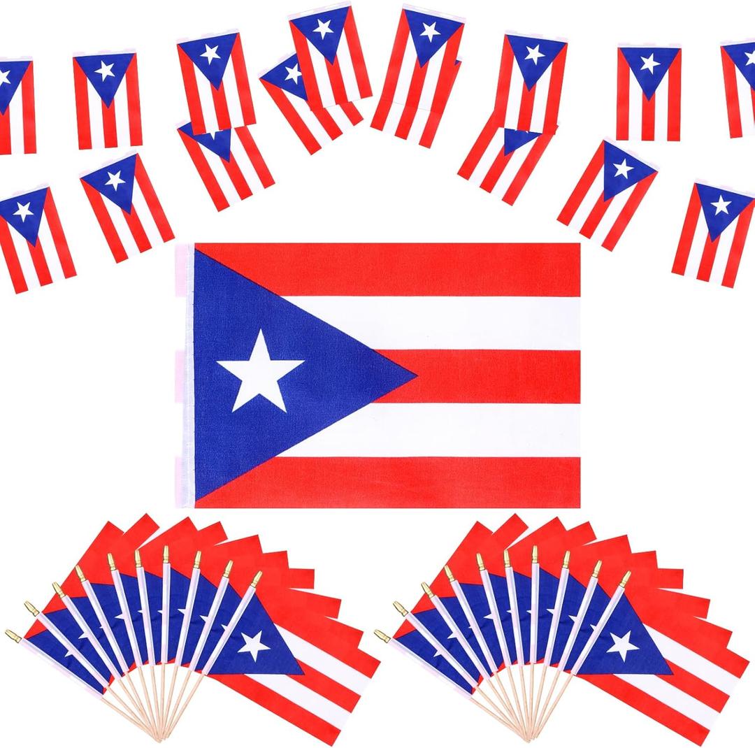 33Pcs Puerto Rico Party Decorations Set 1Pack 3x5Ft Puerto Rican National Flag 20 Puerto Rico Flag Banners 12 Mini Wooden Hand Held Flags Puerto Rican Patriotic Decor for Independence Day Memorial Day