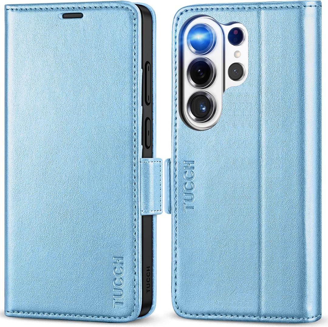 TUCCH Case Wallet for Galaxy S26 Ultra 5G, Magnetic PU Leather Kickstand [RFID Blocking] 4 Card Slot Flip Cover with [TPU Shockproof Interior Case] Compatible with Galaxy S26 Ultra, Pearly Light Blue