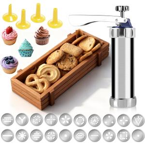 YEHOSHUN Cookie Press Kit, Upgraded Cookie Maker Gun, Stainless Steel Spritz Cookies Press for Baking With 20 Cookies Discs And 4 Piping Tips, for DIY Christmas Cook-ie Maker and Decorating