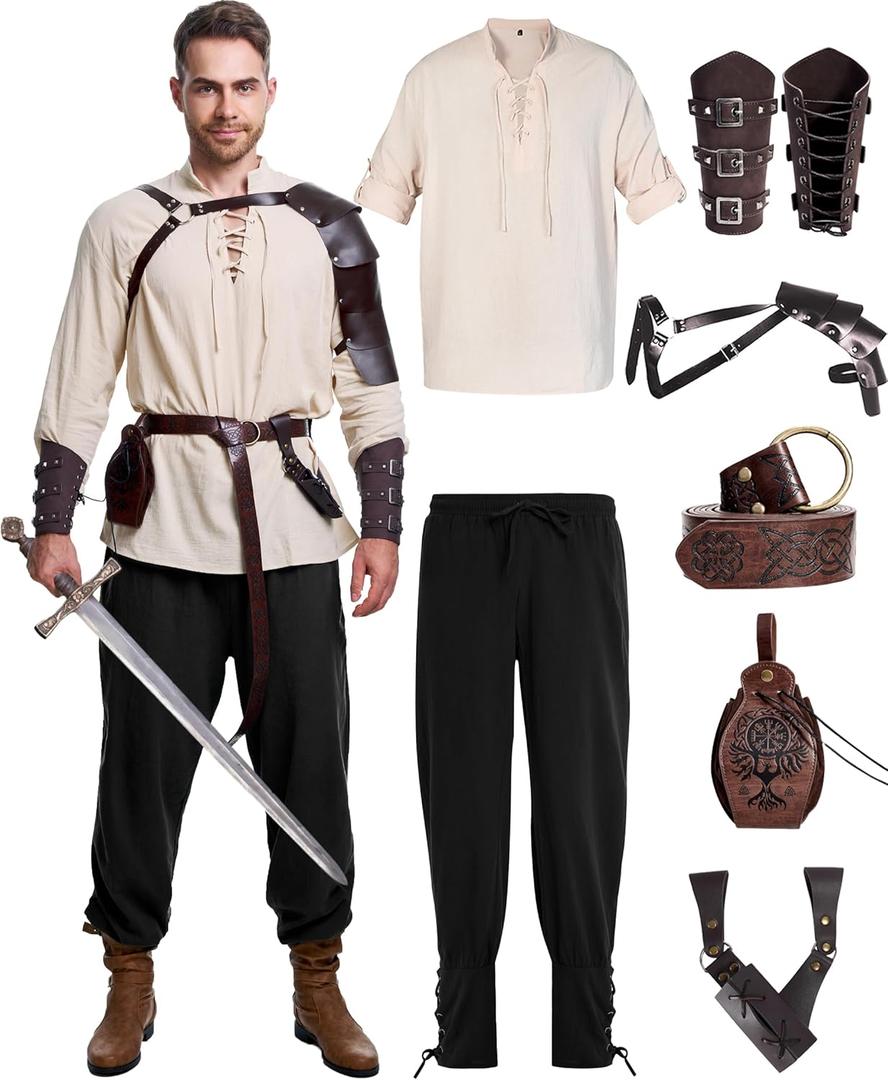8 Pcs Men's Renaissance Costume Halloween Medieval Pirate Shirt Pant Viking Costume Accessories Set (Large)