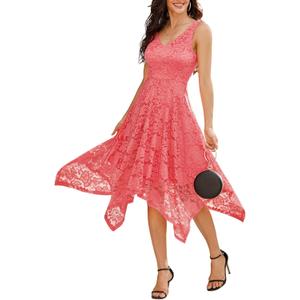 Meetjen Women's Lace Cocktail Party Dress 2025 Handkerchief Hem Bridesmaid Prom Formal Dresses for Wedding Guest (3X-Large, Coral)