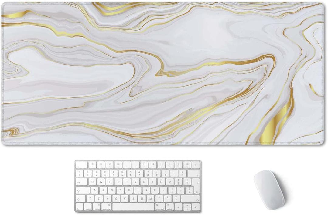 SSOIU White Gold Marble Desk Mat, Desk Pad, Large Mousepad, Large Mouse Pad 35.5" x 15.7" XXL Extended Gaming Mouse Pad Mat with Non-Slip Base Stitched Edge Mousepad for Computer