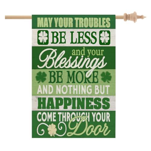 CROWNED BEAUTY St Patricks Day Blessing House Flag 28x40 Inch Double Sided Large Burlap Holiday Clovers Flag for Outside Yard CF1305-40