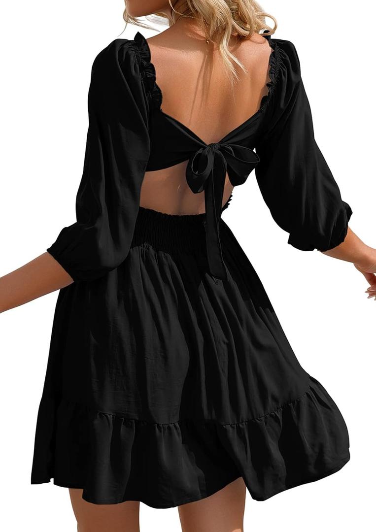 Phortric Women's Summer Tie Back Dress Square Neck Lantern Sleeve Off Shoulder Casual Mini Dresses (X-Small)