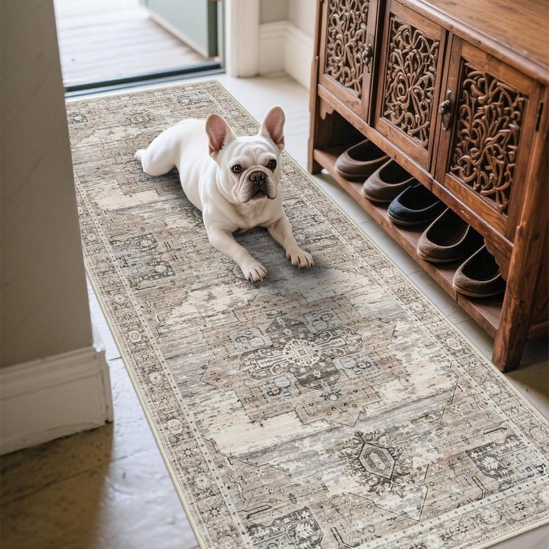 RUUGME Washable 2x6 Runner Rugs - Large Boho Rugs for Living Room Stain Resistant Carpet Vintage Tribal Rugs for Bedroom Kitchen Bathroom Non Slip Backing Home Decor Floor Decoration Mat 2X6 Beige