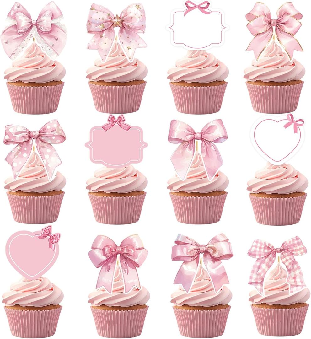 2 x 36Pcs Pink Bow Cupcake Toppers, Sweet Bow Cupcake Decorations, Single Bride Engagement Wedding Girls Baby Shower Party Supplies