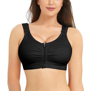 BRABIC Zip Front Closure Everyday Bra for Women Post Surgery Compression Support with Adjustable Straps Wirefree (Large, Black)