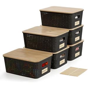 Small Plastic Storage Bins with Bamboo Lids 5.2qt Stackable Box Basket Pantry Decorative Containers Cute with Lable for Organizing Desktop Closet Office Black of 6 packs 10 * 7.2 * 4.1'
