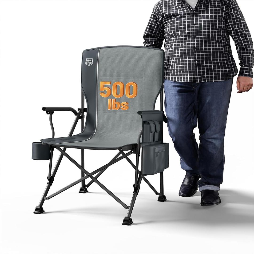 TIMBER RIDGE Oversized Folding Camping Chair High Back Heavy Duty for Adults Support up to 500lbs with Cup Holder, Side Pocket Cooler Bag (Grey)
