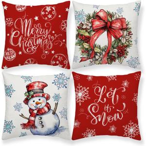 Snowman Wreath Snowflake Christmas Throw Pillow Covers 18 x 18 Inch Christmas Balls Xmas Winter Holiday Cushion Case Decoration for Sofa Couch Set of 4