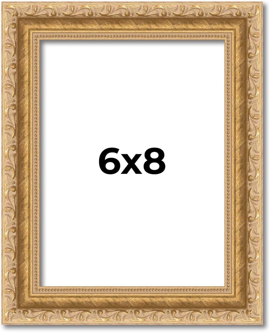 2 Pcs 6x8 Frame Gold Ornate Vintage Antique Picture Frame Solid Wood | 1.25 Inch Moulding Width | with UV Acrylic Plexiglass, Foam Board Backing & Hanging Hardware Included