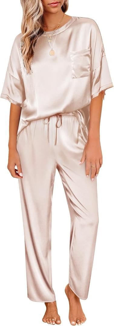 Ekouaer Womens Satin Silky Pajama Set Short Sleeve Shirt with Long Pajama Pant Set Soft PJ Loungewear (Medium, Champagne)