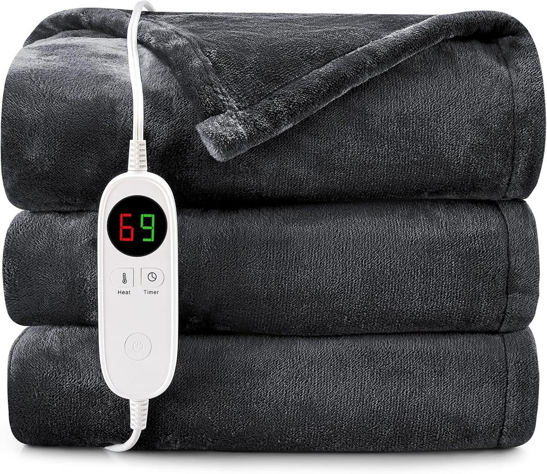 HYLEORY Heated Electric Blanket Throw 50" x 60" Soft Warm Flannel with 6 Heating Levels & 9 Hours Timer Auto Shutt Off, Heating Blanket for Full Body - Dark Grey