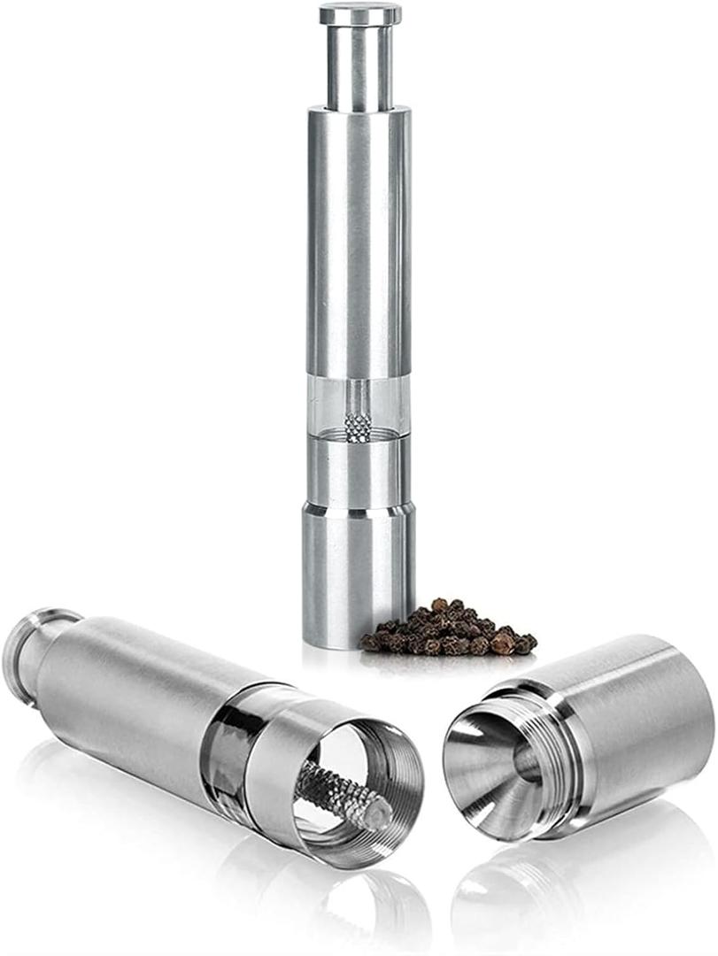 Single Stainless Steel Salt and Pepper Grinder Set, Manual Refillable Peppercorn Mills with Push Button, Thumb Grinder, Sliver White, One Piece (1 PC NORMAL)