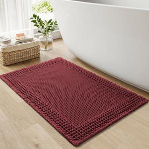 RESARE Waffle Bath Mat for Bathroom, Super Absorbent Bathroom Rugs Non Slip Machine Washable, Ultra Soft Quick Dry Boho Bath Rugs with Tassels for Floor, Upgraded Bordered Design, 17"x24" Dark Red