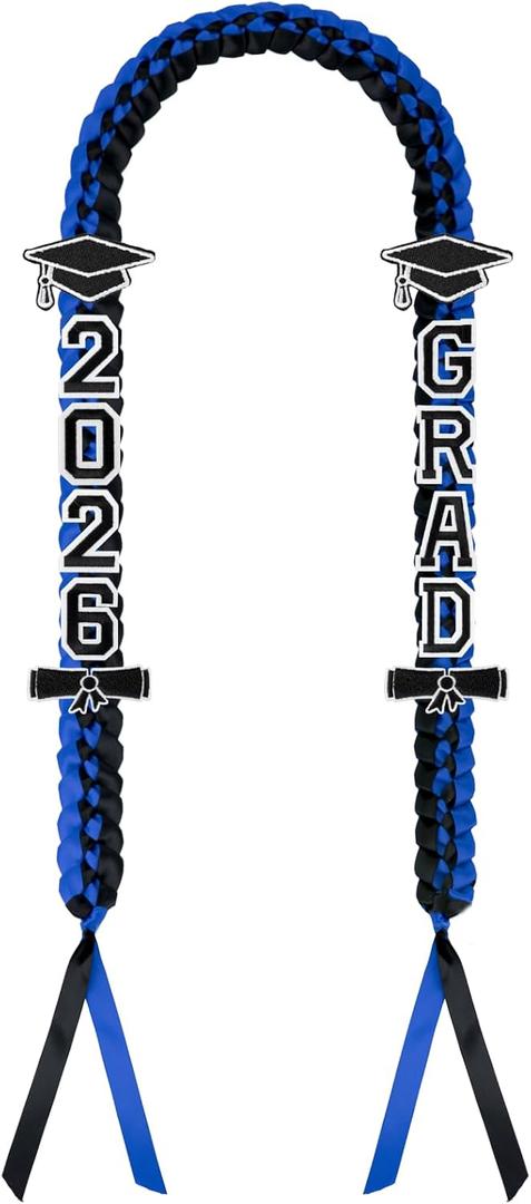 Graduation Leis 2026, Class of 2026 Grad Ribbon Leis with Pins, Grad Necklace Handmade Braided Necklace, Graduation Gifts for Women and Men (Black & Blue)