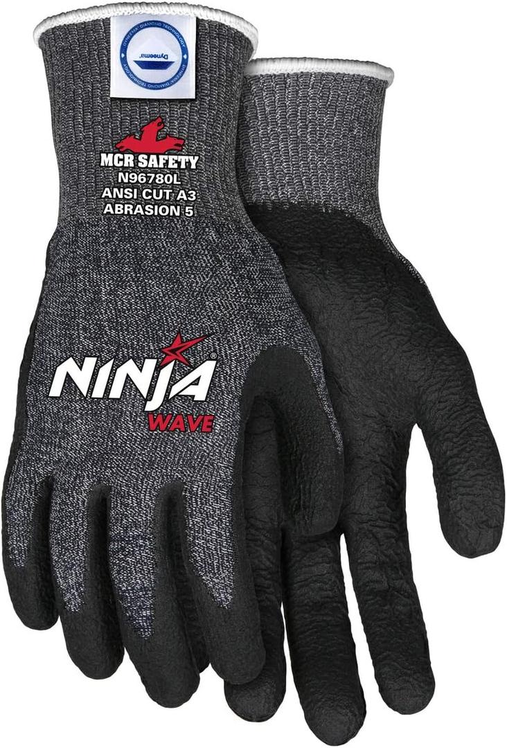 MCR Safety Ninja Wave N96780XXL Work Gloves, 13 Gauge Dyneema Diamond Technology Shell, Nitrile Wave Coated Palm & Fingertips for Excellent Cut and Abrasion Resistance, Cool Touch Comfort, XX-Large