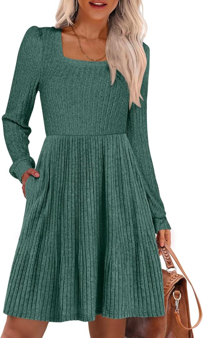 ANRABESS Women's Square Neck Long Sleeve Fall Dress Casual Ribbed Knit Soft 2026 Trendy Short Sweater Dresses with Pockets Green Medium (Green, M)