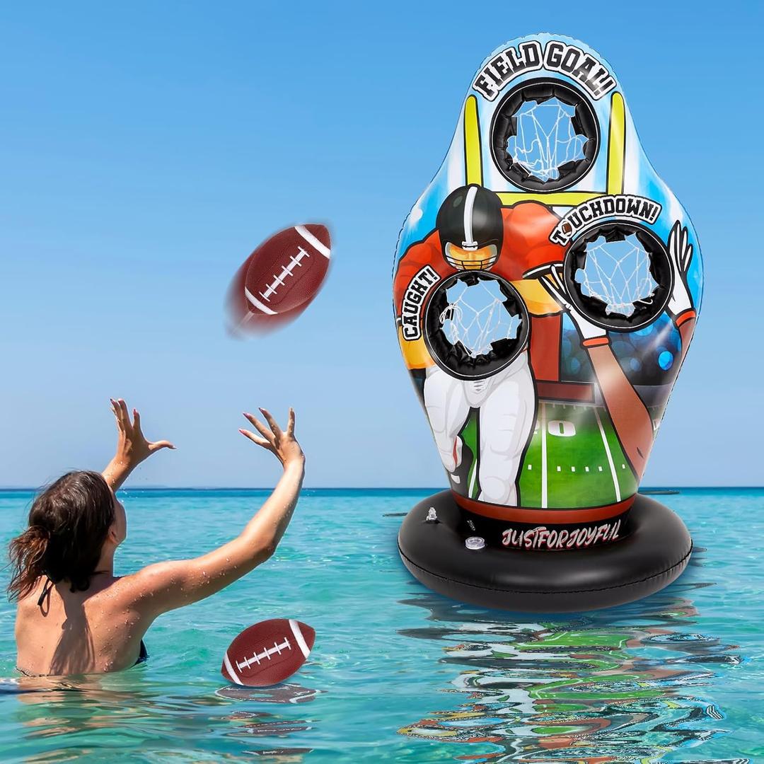 Inflatable Pool Toss Games, Football Target Toss Game with Mini Footballs for Kids Throwing Training Games for Yard Outdoor Indoor Beach Family Party Birthday Gift