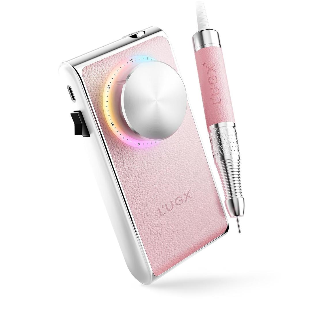 L'UGX Professional Nail Drill 30000RPM, Cordless Rechargeable Electric Nail File for Acrylic Nails Gel Polishing, Efile Nail Kit for Manicure Pedicure, Low Noise Low Vibration, 7Pcs Drill Bits, Pink