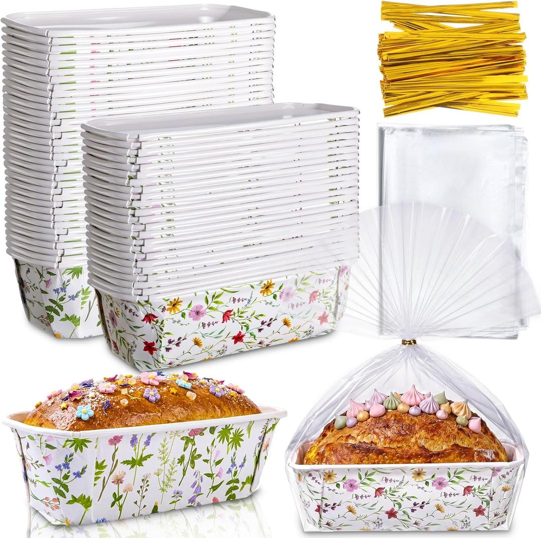 Hushee 50 Sets Wildflower Paper Loaf Pans with Bags & Ties, 6.3x2.2x2.2" Disposable Mini Bread Baking Molds, Colorful Floral Spring Cake Liners for Mother's Day Easter Garden Party Gifts