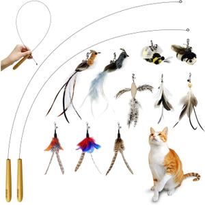 Interactive Bird & Insect Simulation Cat Toy Set - 10 Pcs Feather Refills & 2 Pcs Cat Wand Toy, 29'' Flexible Steel Wire, Sturdy Wood Handle & Bell, For Indoor Kittens (Cat Wands(10 Refillls))