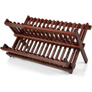 VERTORGAN Teak Dish Drying Rack,Folding Collapsible Drainer Plate Organizer Holder for Kitchen,Foldable Spice Rack for Countertop and Cabinet,Pantry Organization and Storage