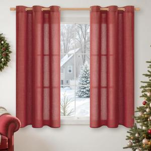 YoungsTex Burgundy Red Linen Curtains 45 Inch Length, Short Light Filtering Drapes with Bronze Grommet Semi Sheer Privacy for Bedroom Living Room Window, 42 x 45 Inch, 2 Panels