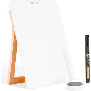 Desktop Glass Whiteboard with Reversible Wood Stand, Small White Board, Mini Dry Erase Whiteboard Easel for Desk, Reusable Desk Notepad 9.5"x6.7" for Home, Office, Accessories Included, Yeoux